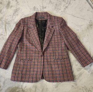 Giorgio Dant Angelo Womens 100% Wool Blazer Sz 14 Cranberry Plaid Winter Holiday